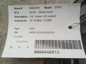 570-55103 Honda Wheel Cover Hubcap 16 Inch Sedan Fits 19-21 Civic 225793