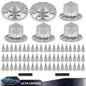 Ult-0122-9 Pit66 Front And Rear Hub Cover Semi Truck Wheel 33mm Nut Covers Spiked Silver