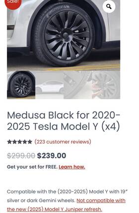 00197644432073 Rimetrix Medusa Wheel Covers 4 Black - For 2020-2025 Tesla Model Y 19 Inch Gemini