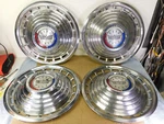 1963 Ford Galaxie Hubcaps, 14" Wheel Rim Cover, Original Set Red White Blue. Fixed Price $50.00.