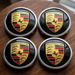 Porsche 76MM Gloss Black Wheel Center Caps Silver Crest Hub Covers Set Of 4. Fixed Price $31.99.